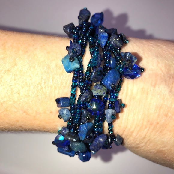 HANDMADE Lapis Lazuli Pebble Seed Crystal Bead Beaded Bracelet Peacock Blue NEW! - Picture 12 of 12